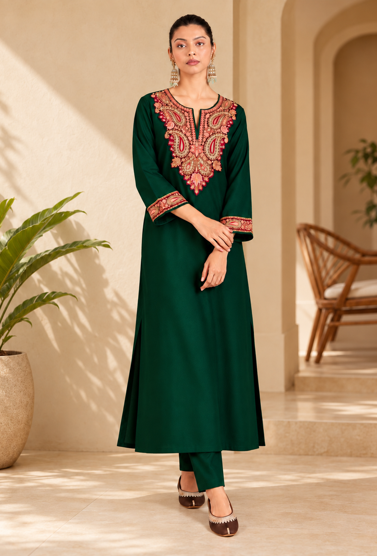 Set of 2: Green Cashmilon Kashmiri Embroidered Lace Phiran with Pants パンツ M