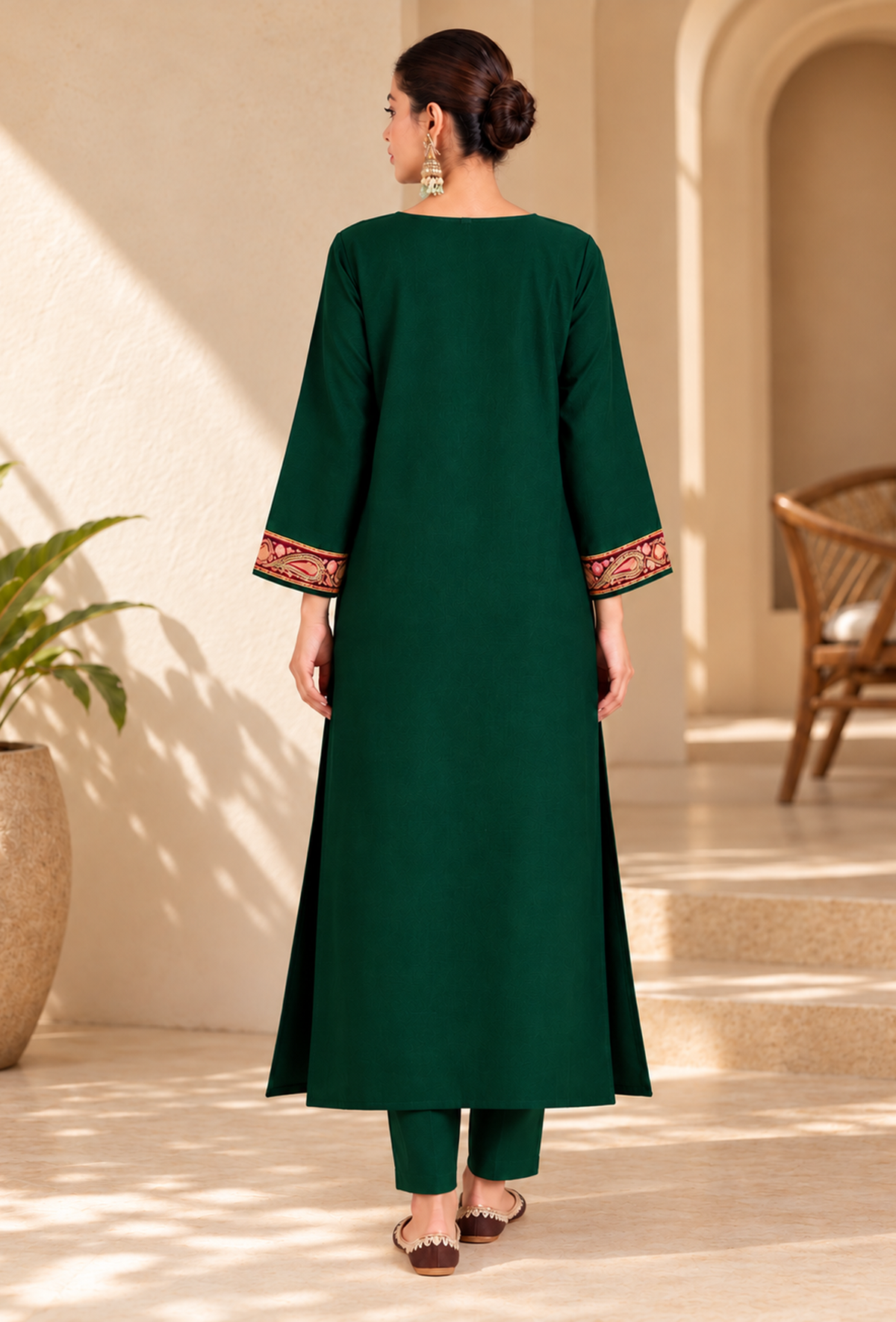 Set of 2: Green Cashmilon Kashmiri Embroidered Lace Phiran with Pants パンツ XS