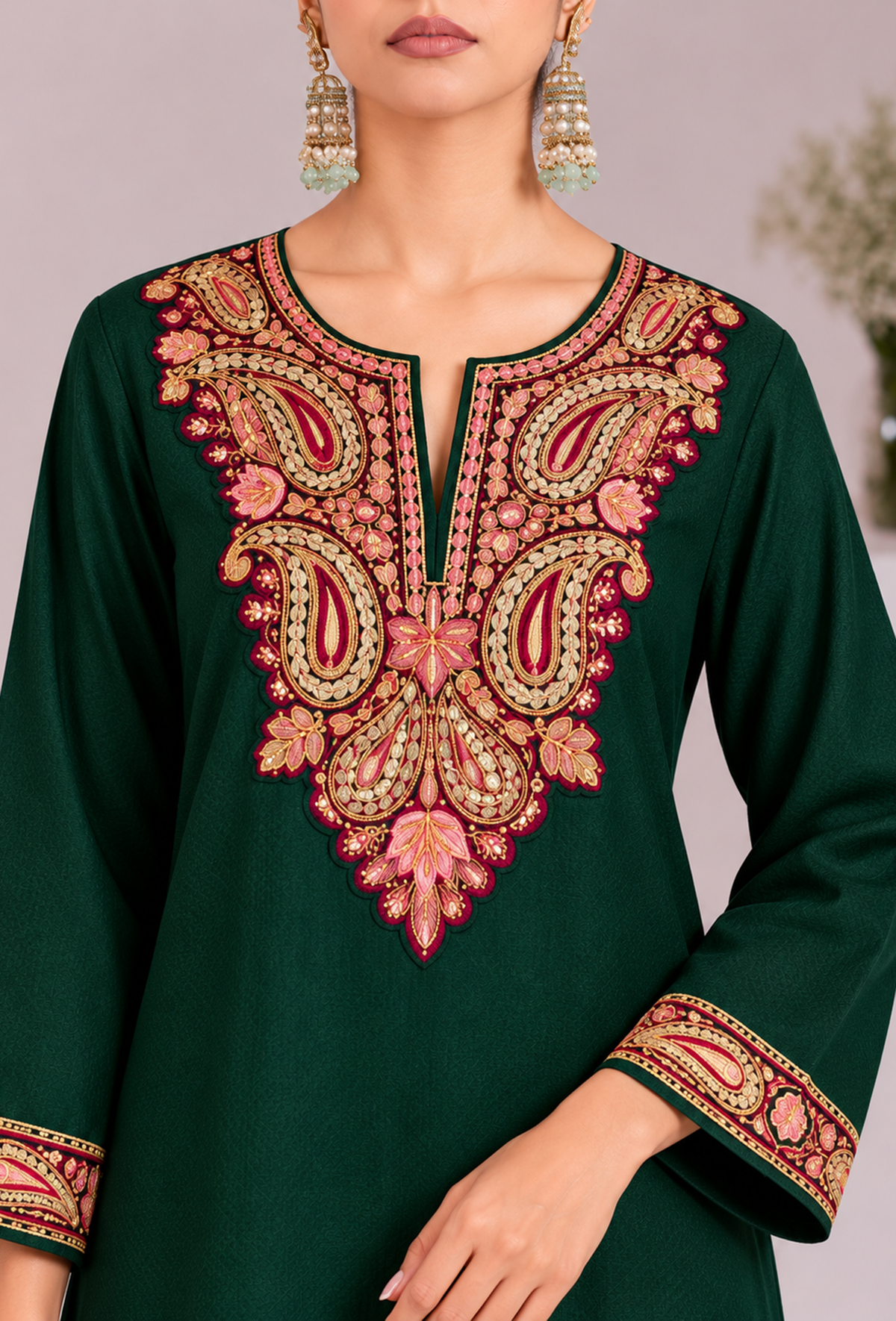 Set of 2: Green Cashmilon Kashmiri Embroidered Lace Phiran with Pants パンツ M
