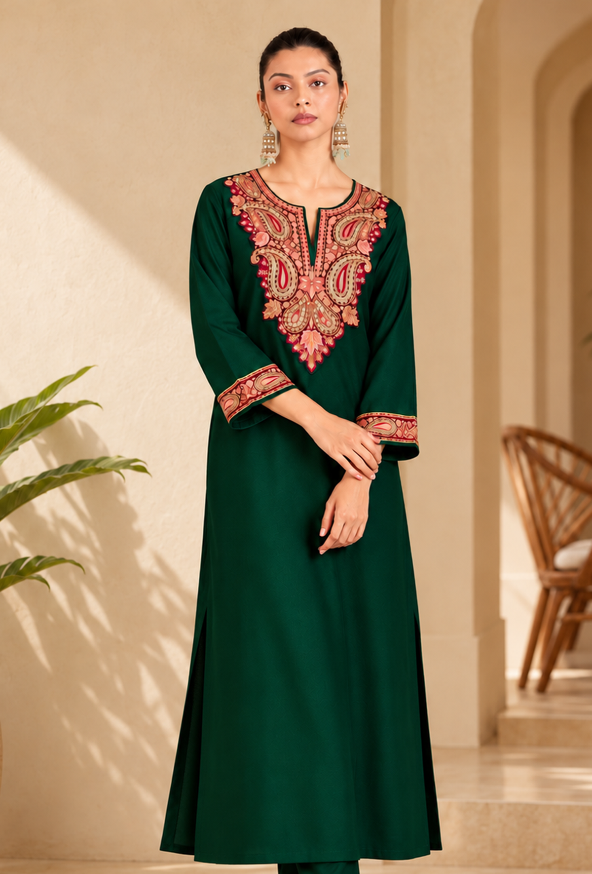 Green Cashmilon Kashmiri Embroidered Lace Phiran サイズ フリーサイズ