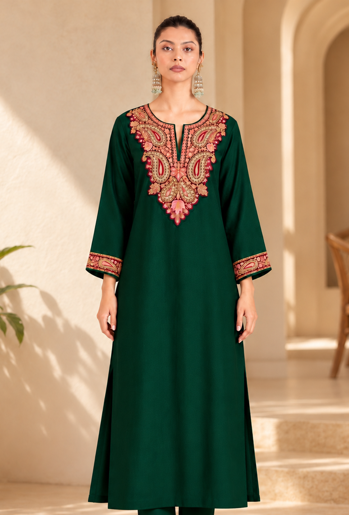 Green Cashmilon Kashmiri Embroidered Lace Phiran サイズ フリーサイズ