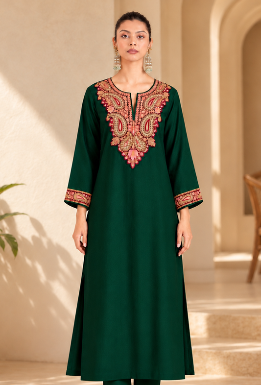 Green Cashmilon Kashmiri Embroidered Lace Phiran サイズ フリーサイズ