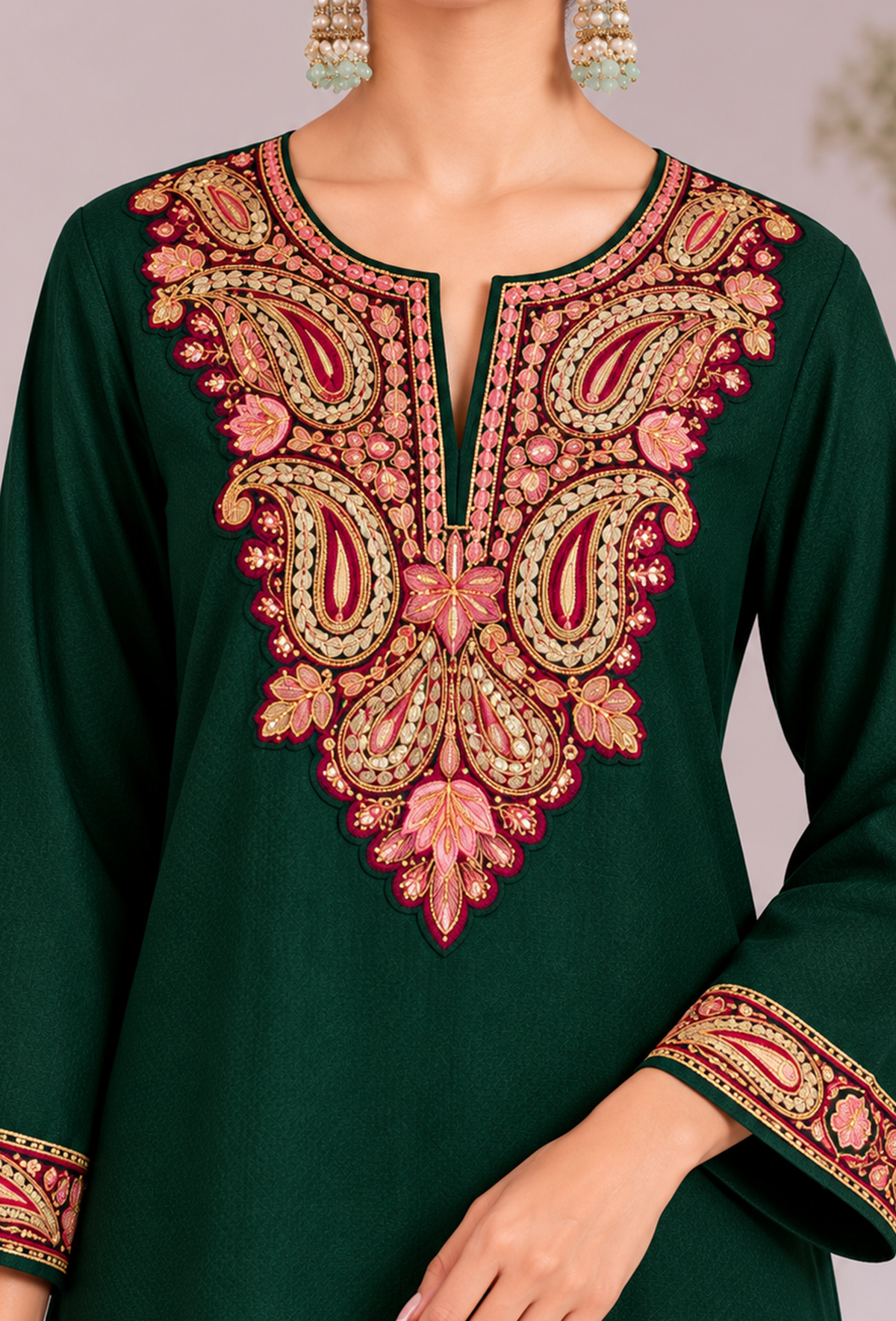 Green Cashmilon Kashmiri Embroidered Lace Phiran サイズ フリーサイズ