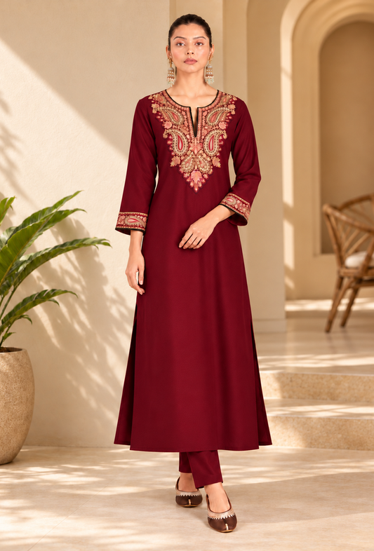 Set of 2: Red Cashmilon Kashmiri Embroidered Lace Phiran with Pant パンツ M