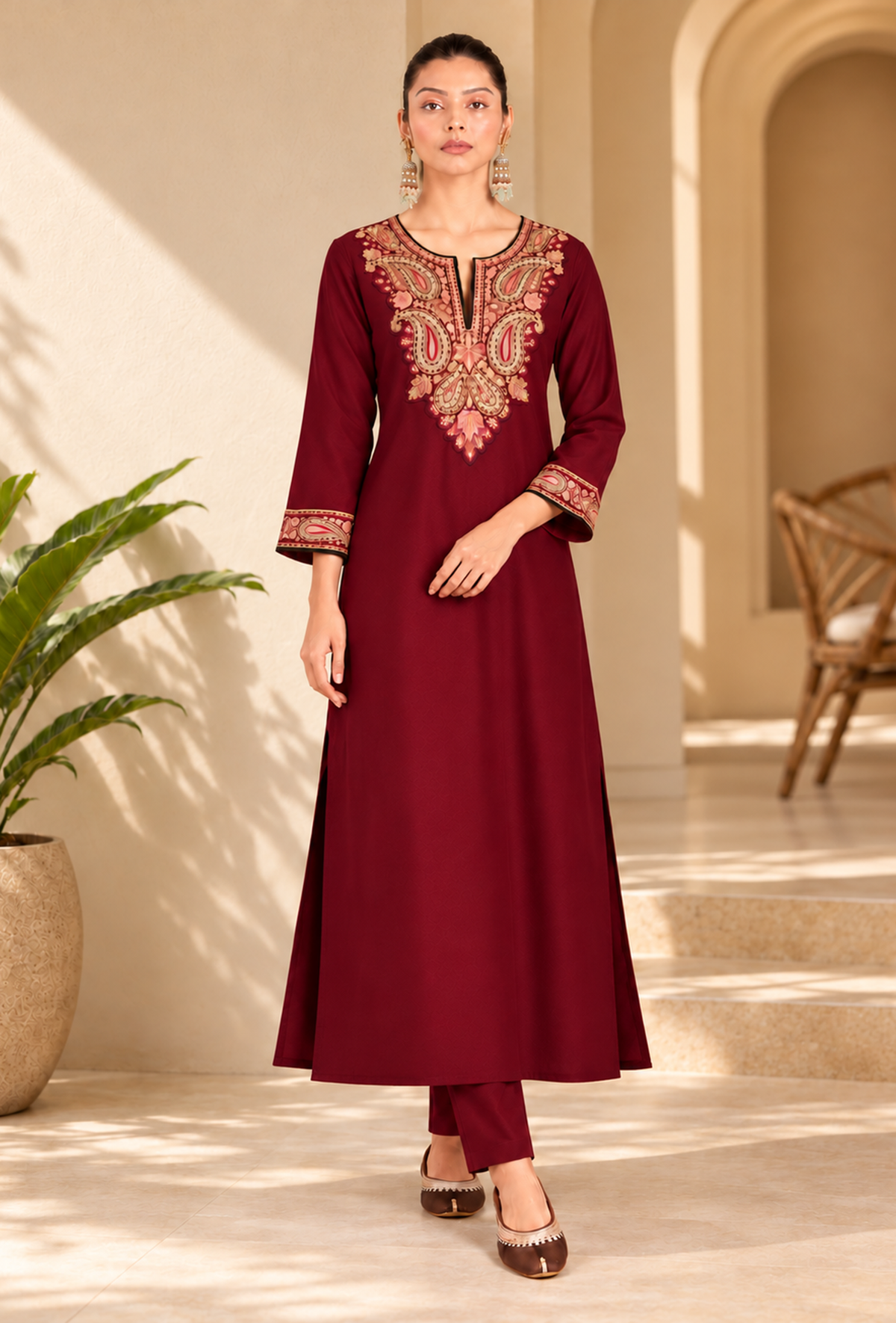 Set of 2: Red Cashmilon Kashmiri Embroidered Lace Phiran with Pant パンツ L