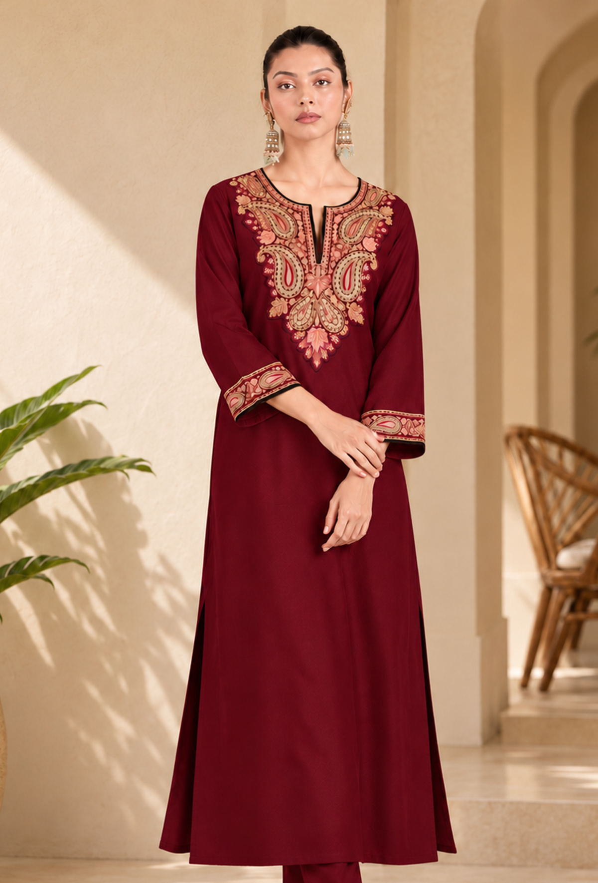 Red Cashmilon Kashmiri Embroidered Lace Phiran サイズ フリーサイズ