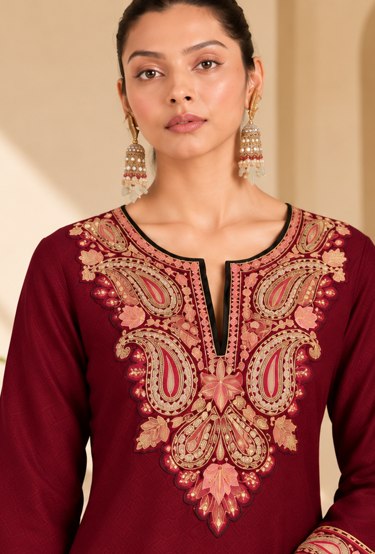 Red Cashmilon Kashmiri Embroidered Lace Phiran サイズ フリーサイズ