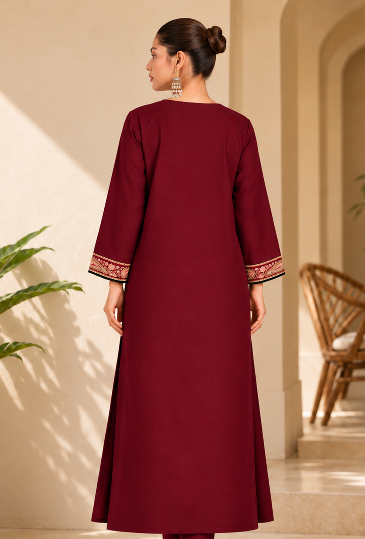 Red Cashmilon Kashmiri Embroidered Lace Phiran サイズ フリーサイズ