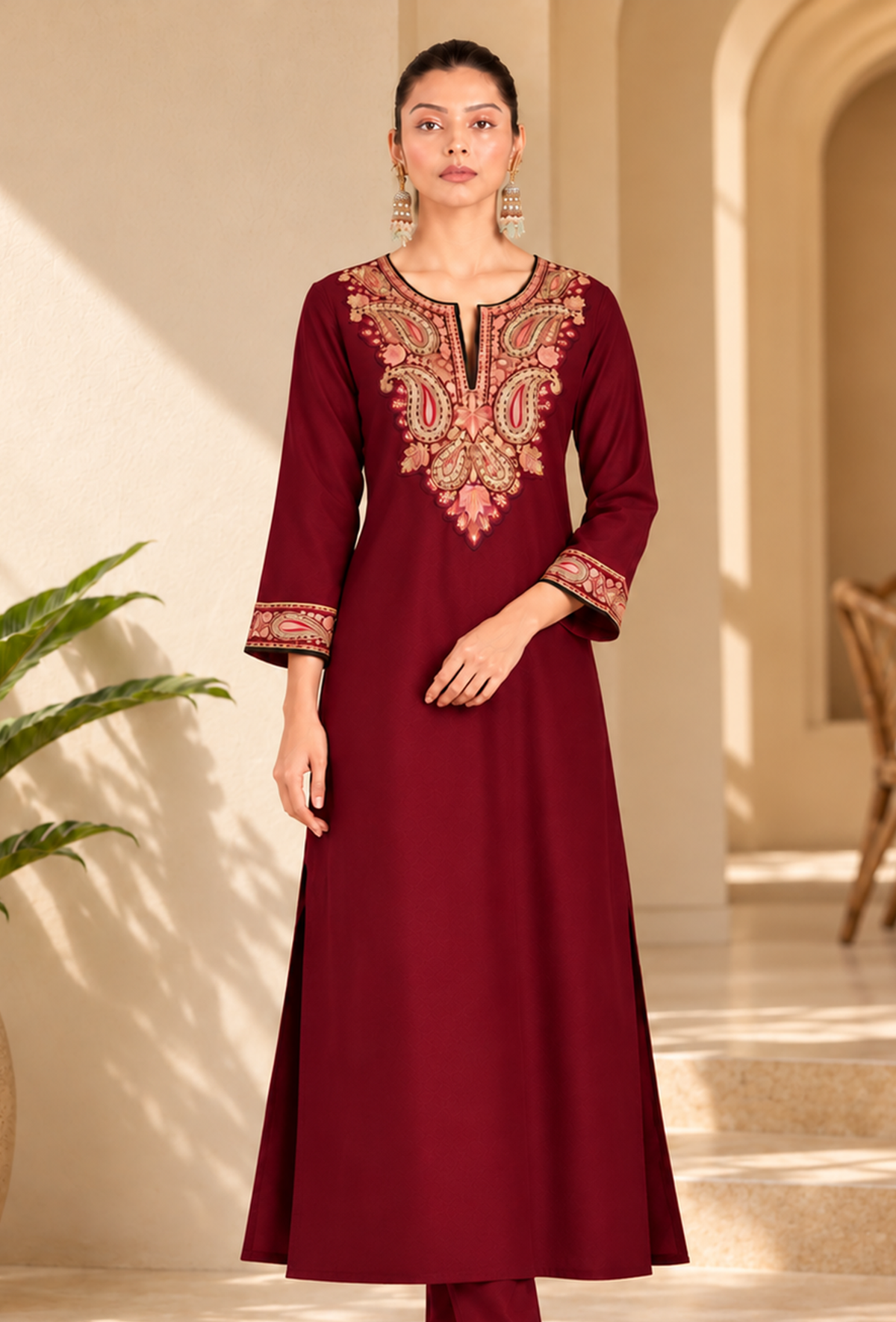 Red Cashmilon Kashmiri Embroidered Lace Phiran サイズ フリーサイズ