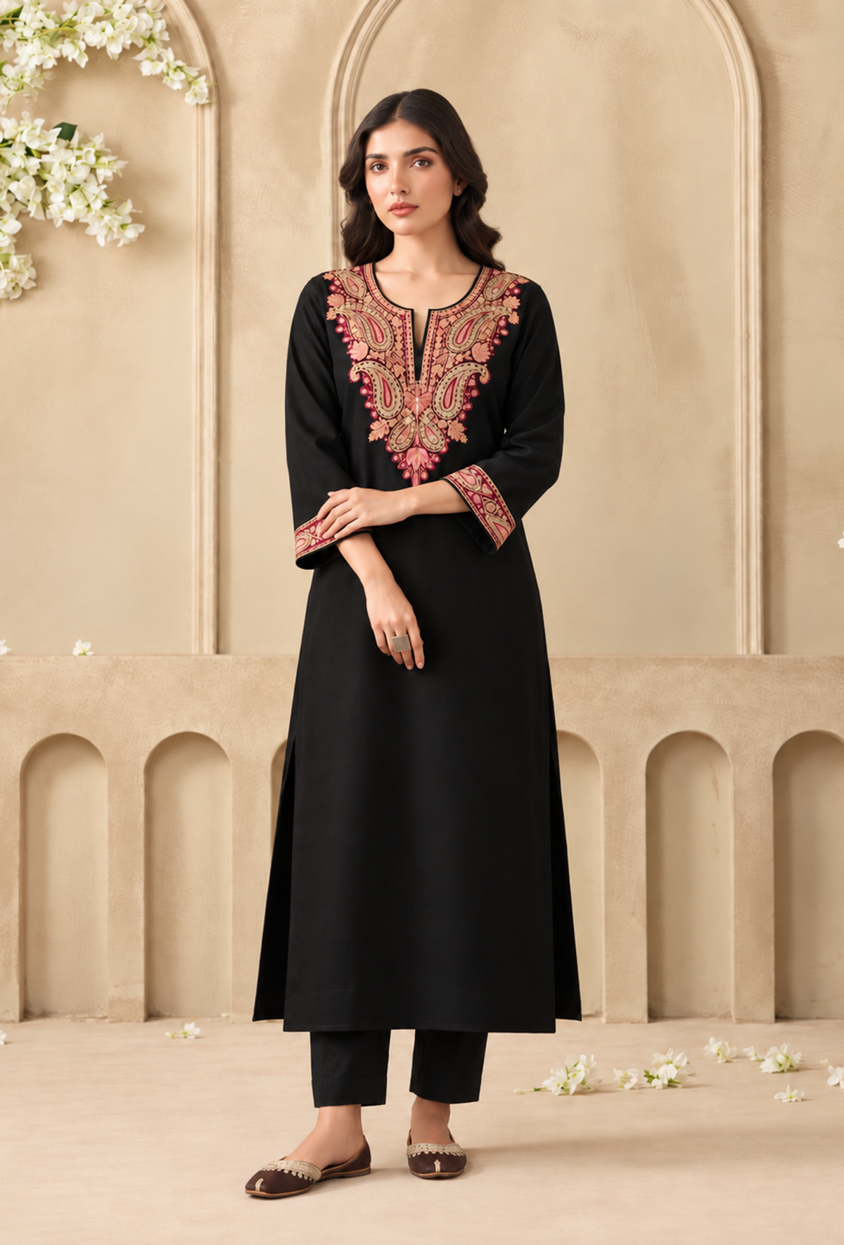 Set of 2: Black Cashmilon Kashmiri Embroidered Lace Phiran with Pant パンツ XXXL