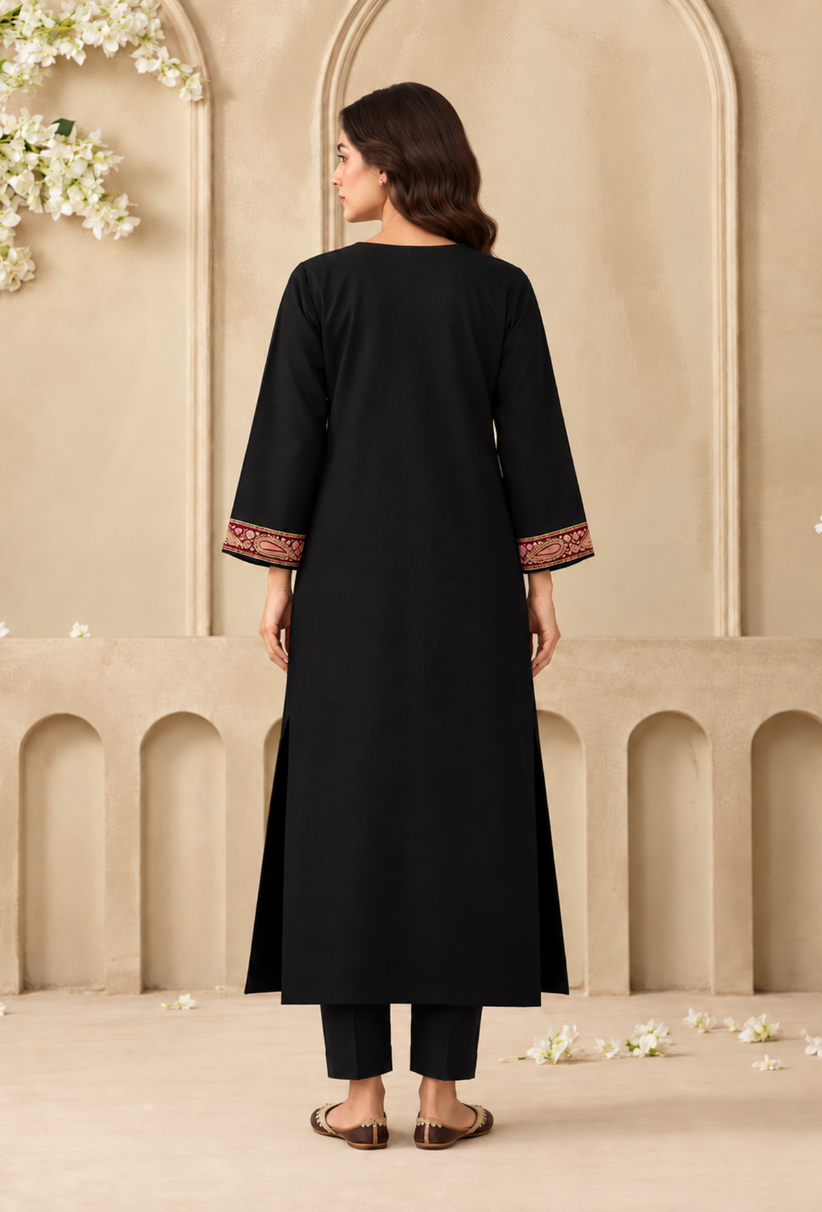 Set of 2: Black Cashmilon Kashmiri Embroidered Lace Phiran with Pant パンツ XS