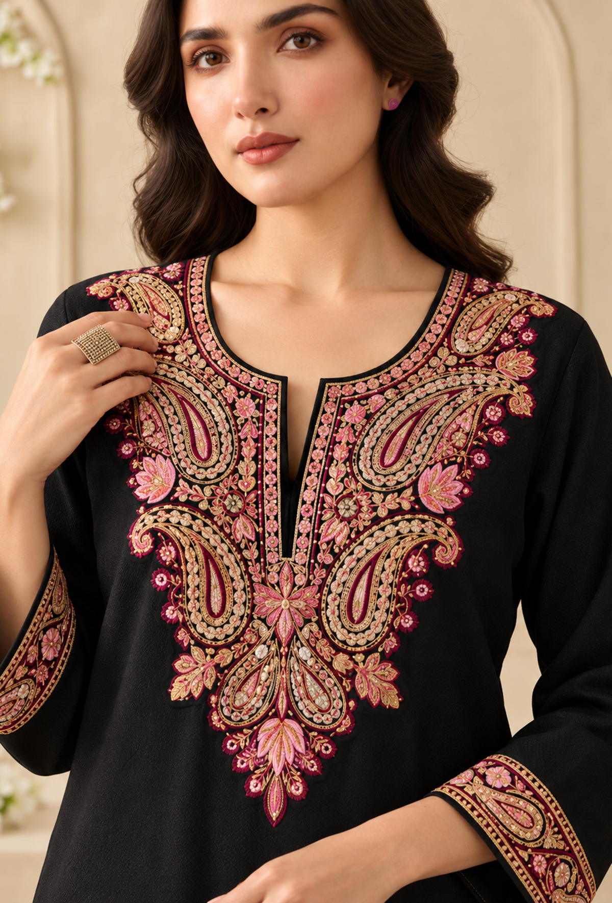 Set of 2: Black Cashmilon Kashmiri Embroidered Lace Phiran with Pant パンツ L