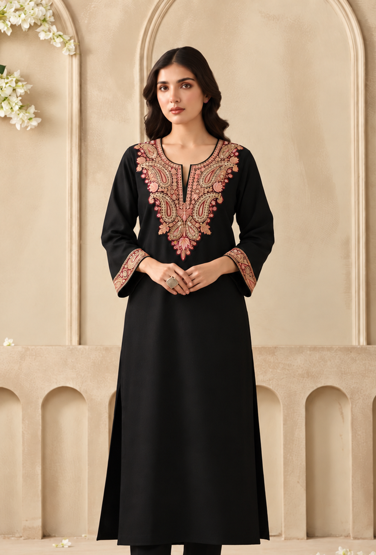 Black Cashmilon Kashmiri Embroidered Lace Phiran サイズ フリーサイズ