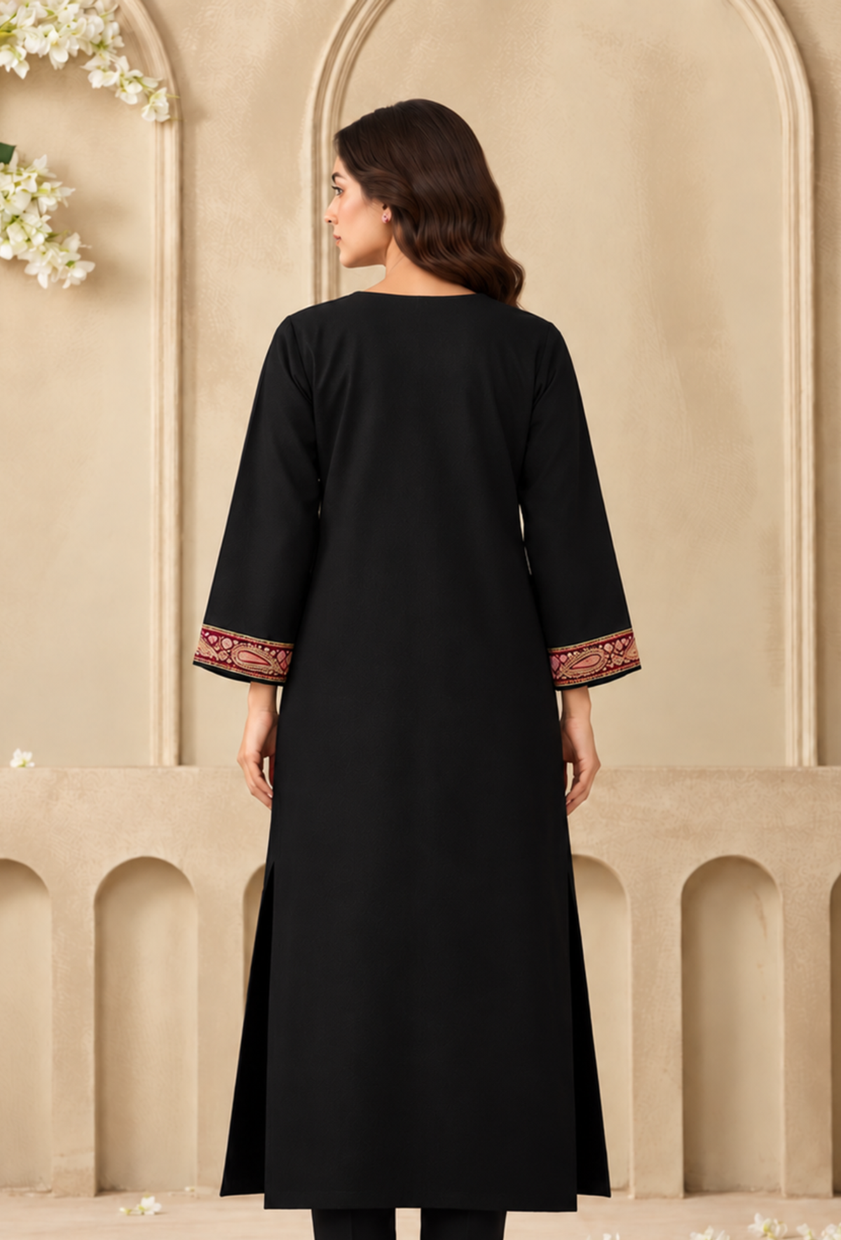 Black Cashmilon Kashmiri Embroidered Lace Phiran サイズ フリーサイズ