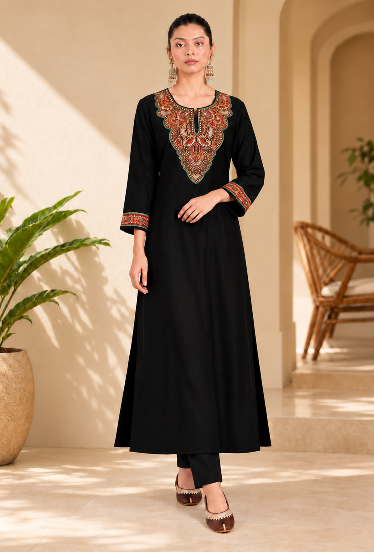 Set of 2: Black Cashmilon Kashmiri Embroidered Lace Phiran with Pant パンツ M