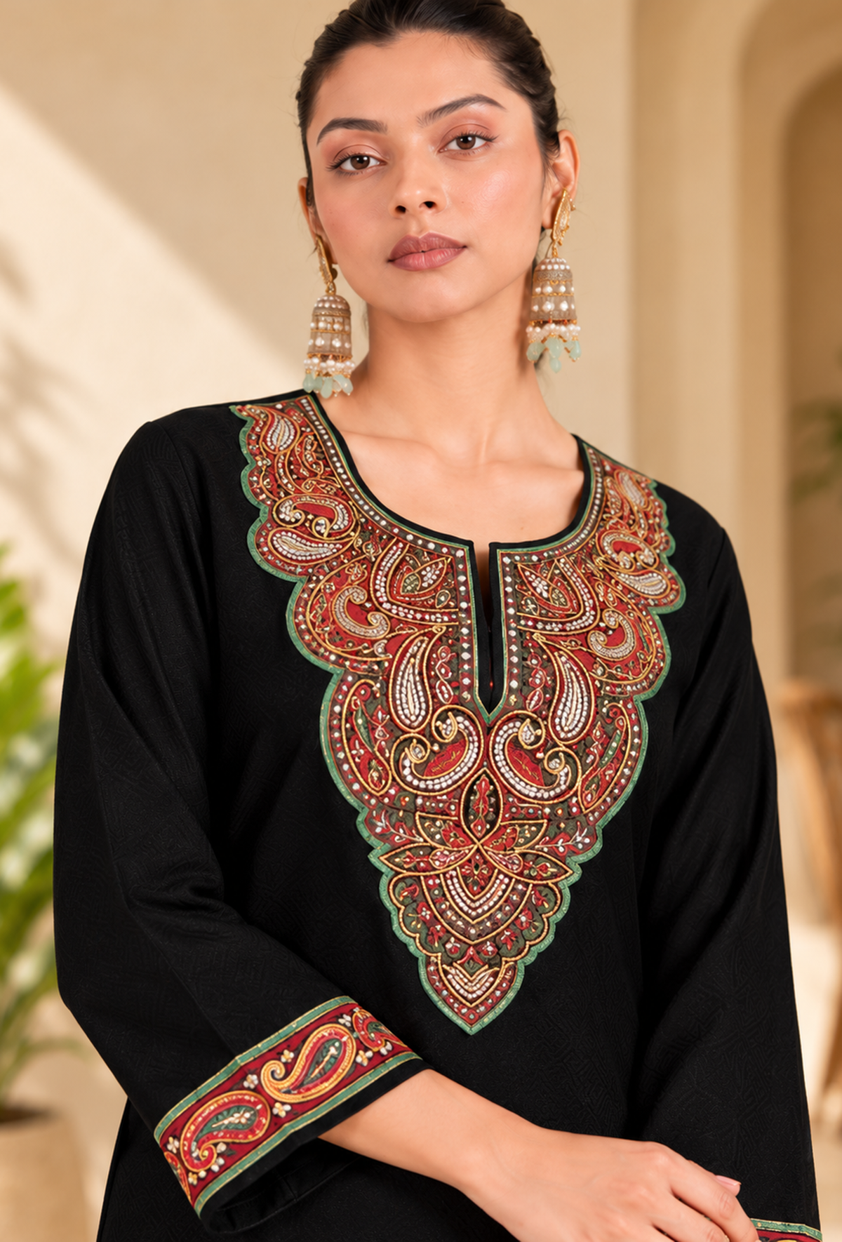 Set of 2: Black Cashmilon Kashmiri Embroidered Lace Phiran with Pant パンツ XL