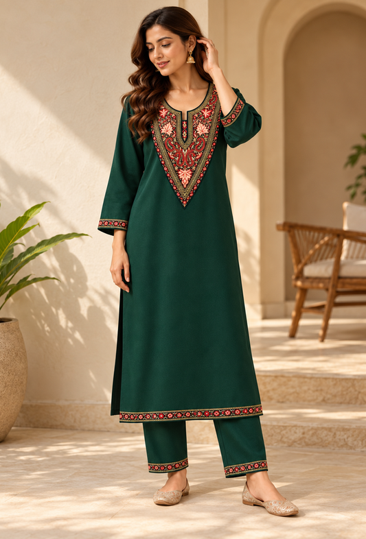 Set of 2: Jaismin Green Cashmilon Kashmiri Embroidered Lace Phiran & Pant Set パンツ M
