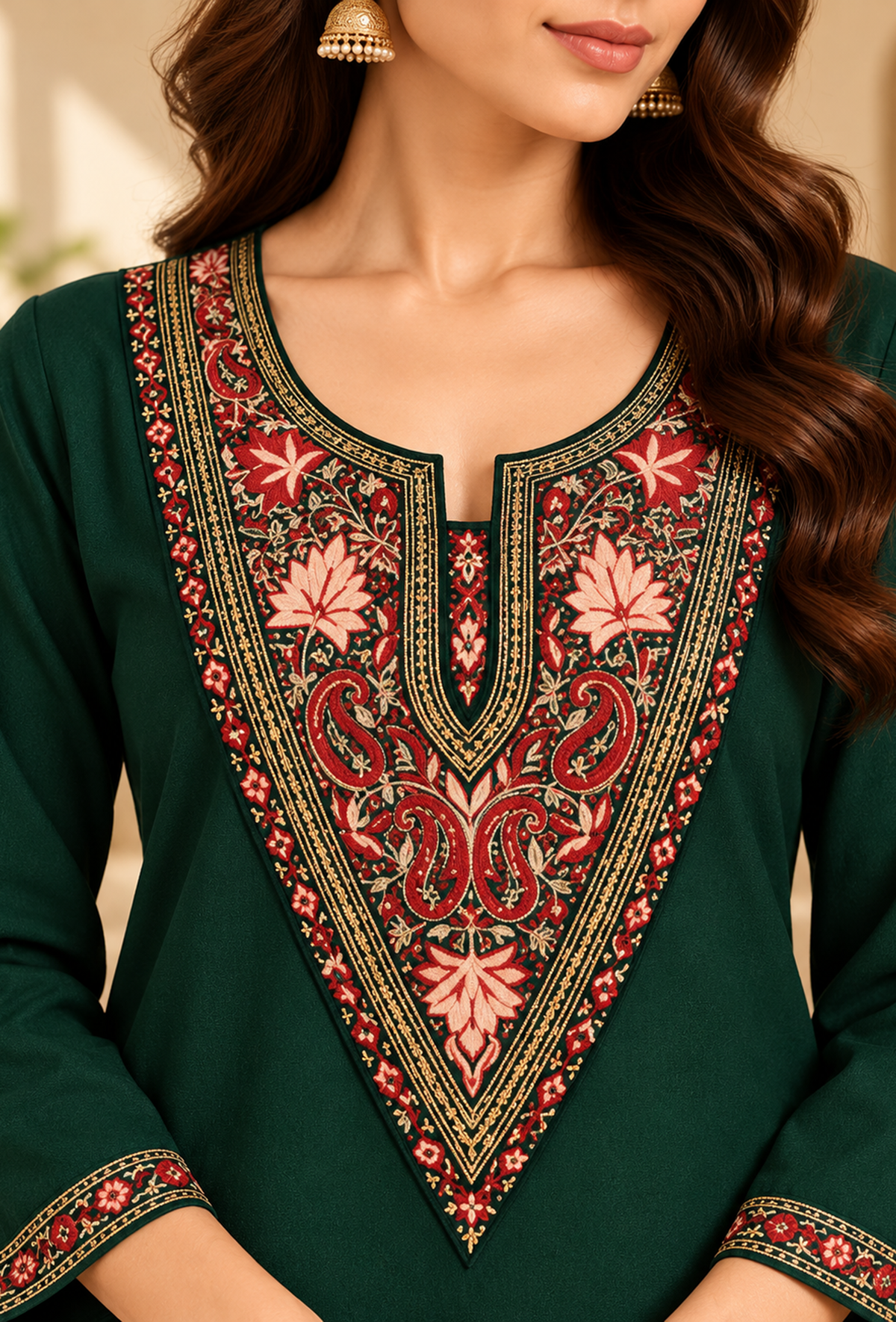 Set of 2: Jaismin Green Cashmilon Kashmiri Embroidered Lace Phiran & Pant Set パンツ M