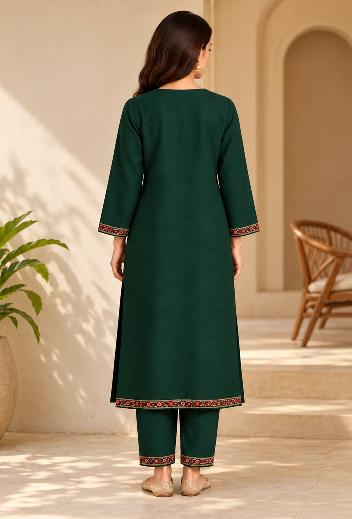 Set of 2: Jaismin Green Cashmilon Kashmiri Embroidered Lace Phiran & Pant Set パンツ XXXL