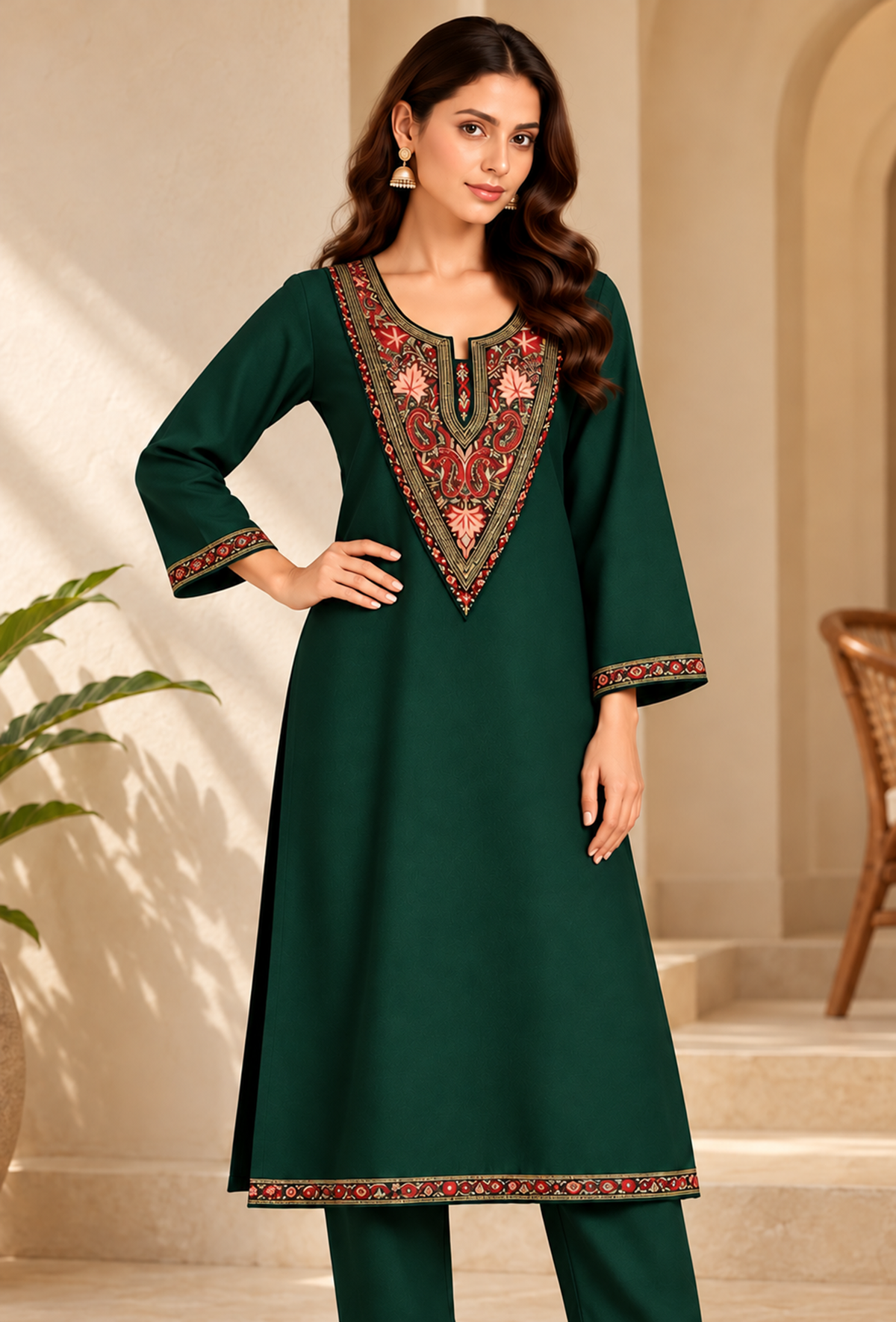 Jaismin Green Cashmilon Kashmiri Embroidered Lace Phiran サイズ フリーサイズ