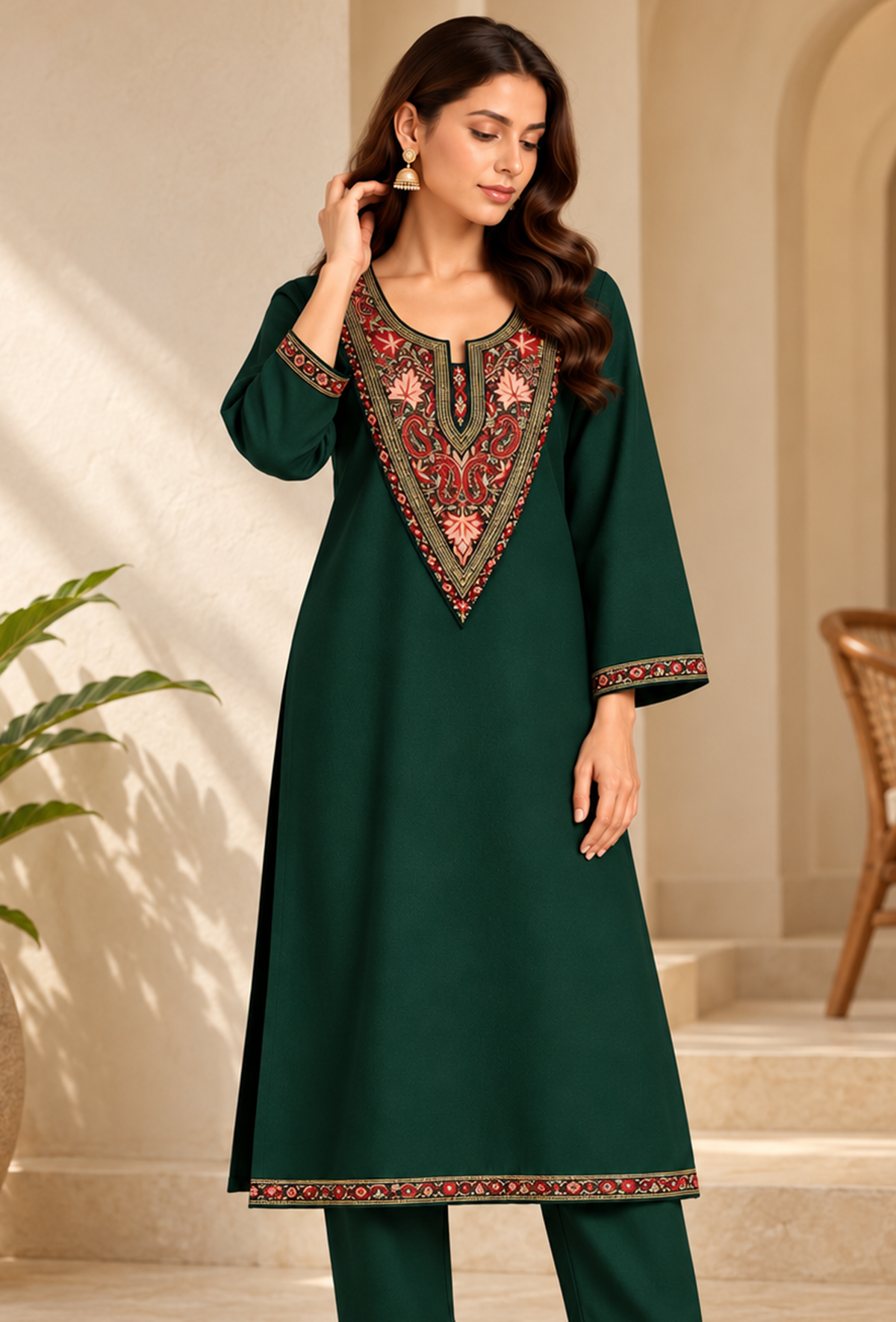 Jaismin Green Cashmilon Kashmiri Embroidered Lace Phiran サイズ フリーサイズ