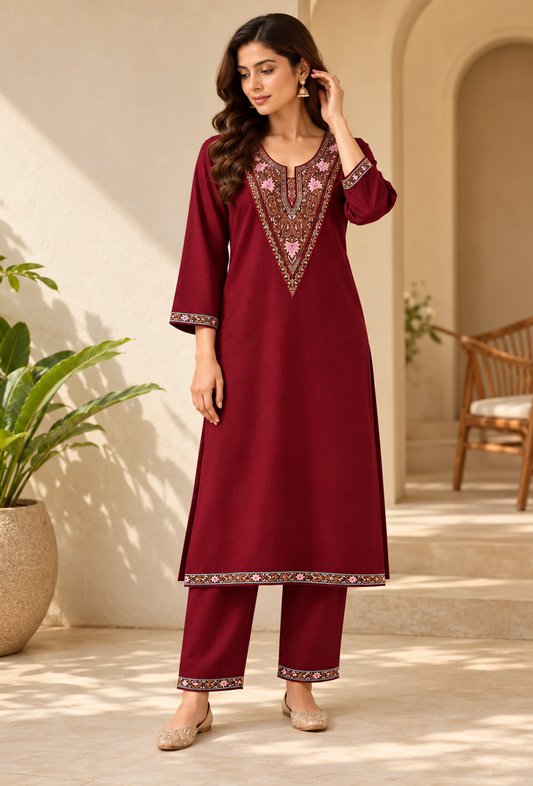 Set of 2: Wine Maroon Cashmilon Kashmiri Embroidered Lace Phiran & Pant Set パンツ M