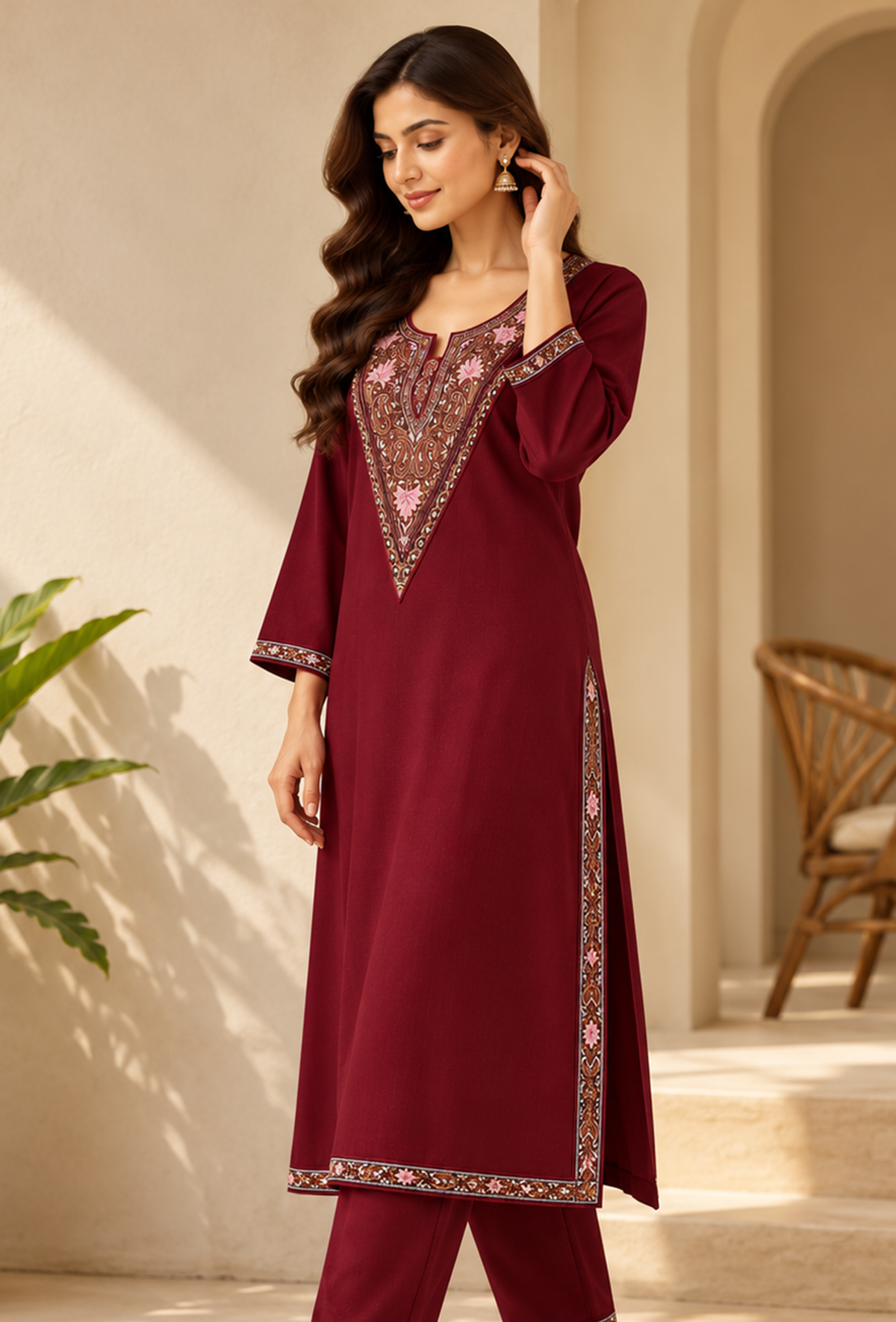 Wine Maroon Cashmilon Kashmiri Embroidered Lace Phiran サイズ フリーサイズ