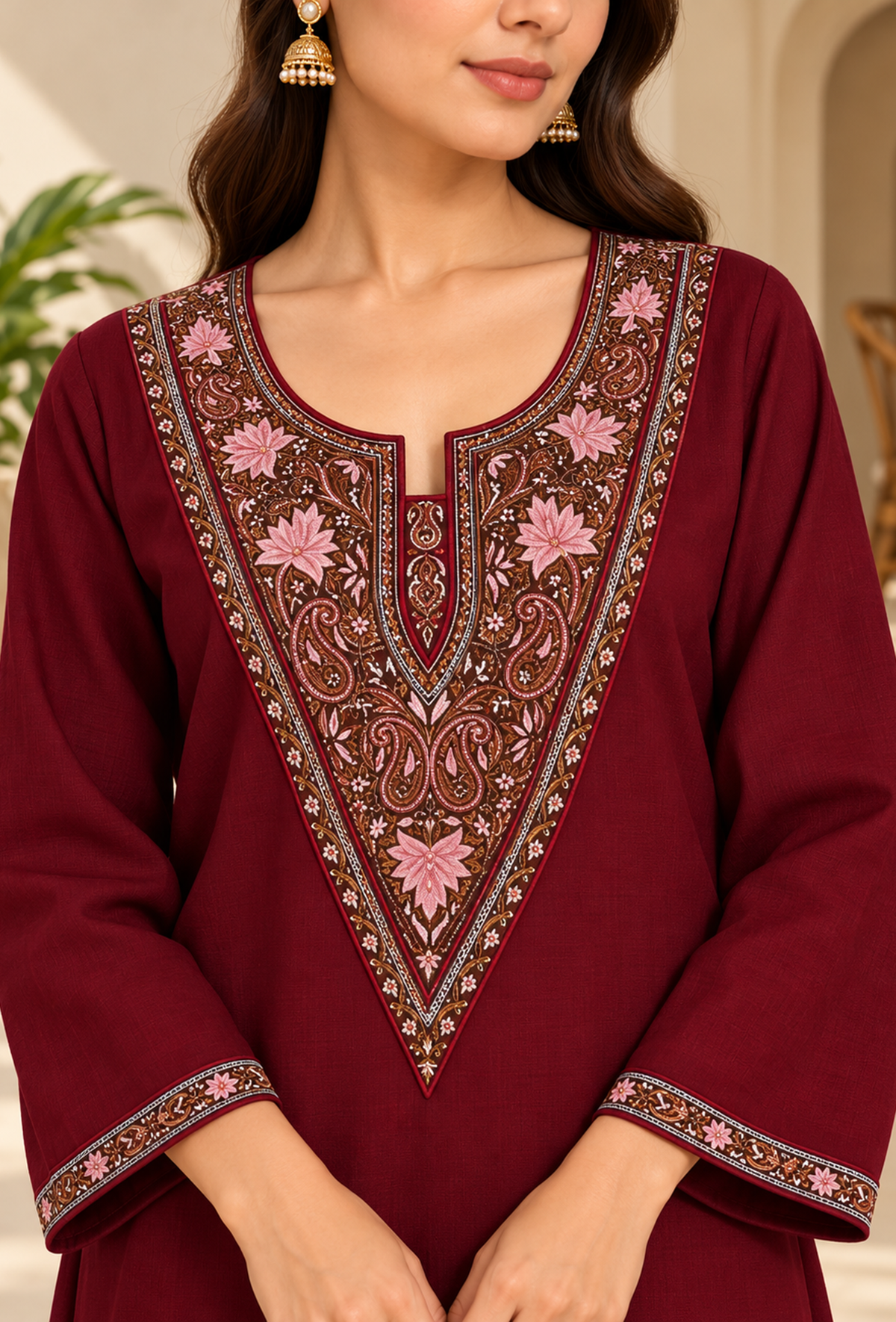 Wine Maroon Cashmilon Kashmiri Embroidered Lace Phiran サイズ フリーサイズ