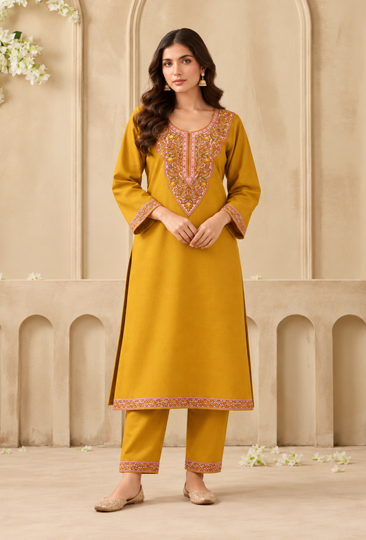 Set of 2: Bahar Mustard Yellow Cashmilon Kashmiri Embroidered Lace Phiran & Pant Set パンツ M