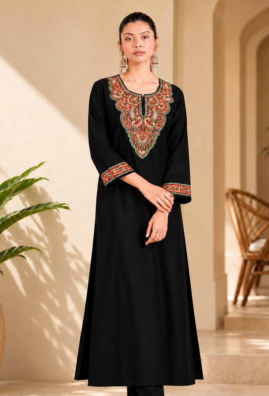 Black Cashmilon Zari-Paisley Kashmiri Embroidered Lace Phiran サイズ フリーサイズ