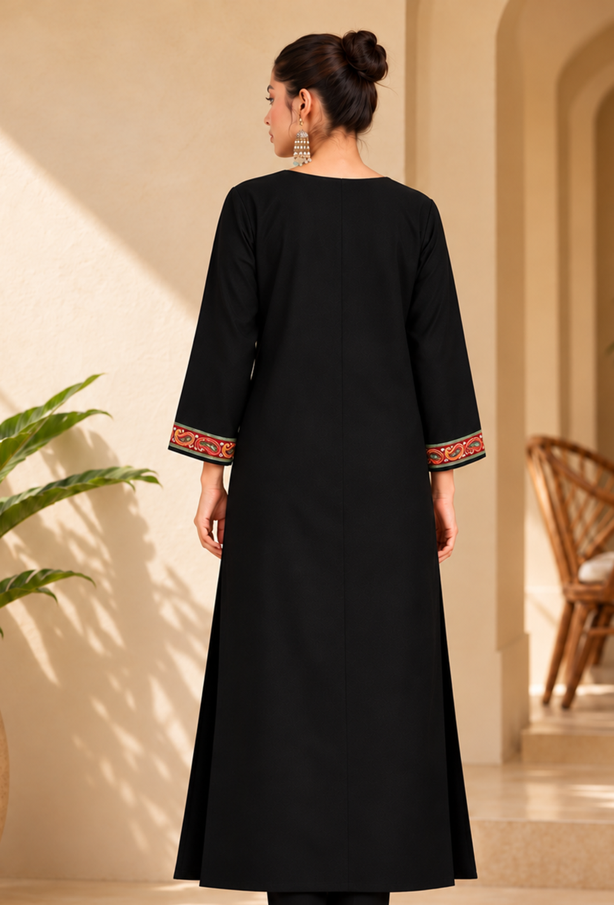 Black Cashmilon Zari-Paisley Kashmiri Embroidered Lace Phiran サイズ フリーサイズ