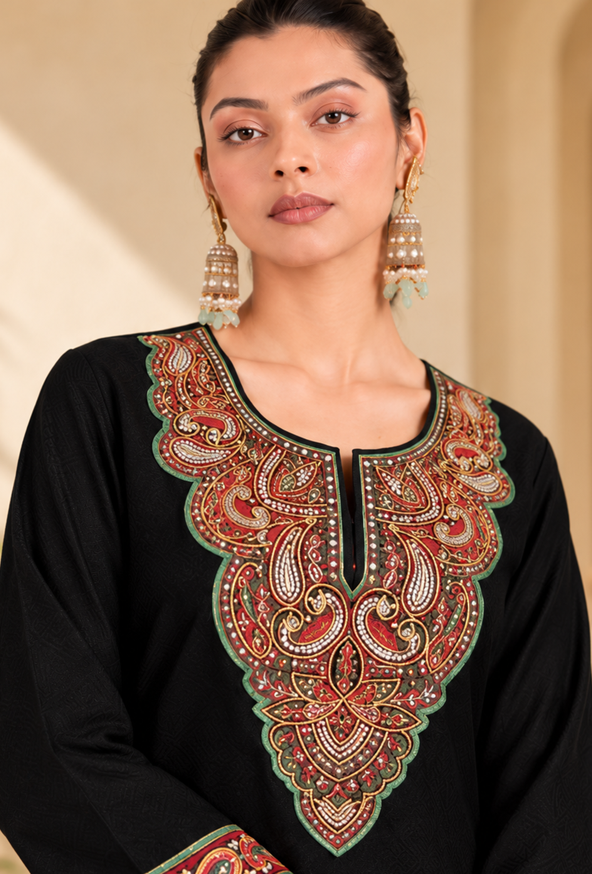 Black Cashmilon Zari-Paisley Kashmiri Embroidered Lace Phiran サイズ フリーサイズ