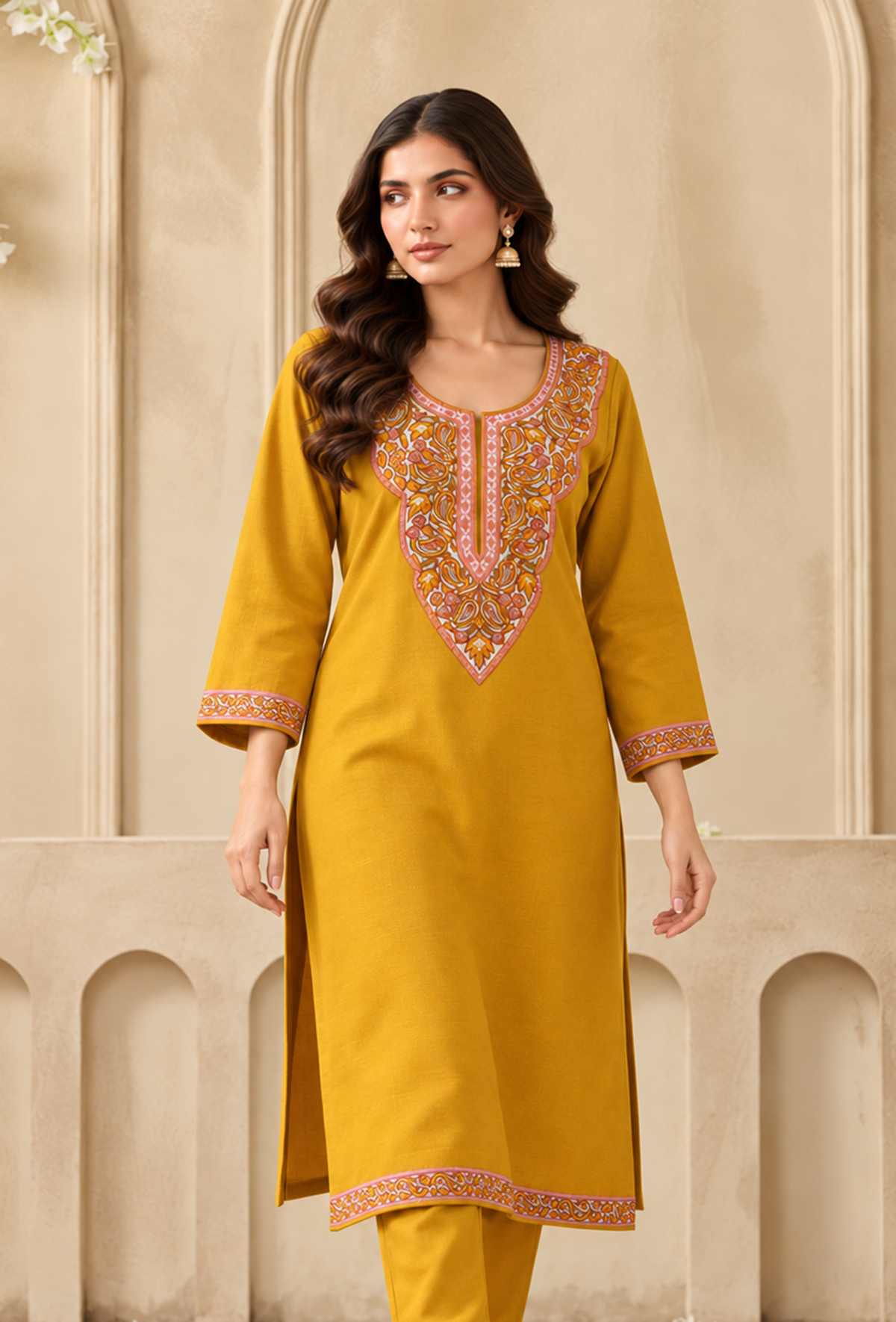 Mustard Yellow Cashmilon Kashmiri Embroidered Lace Phiran サイズ フリーサイズ