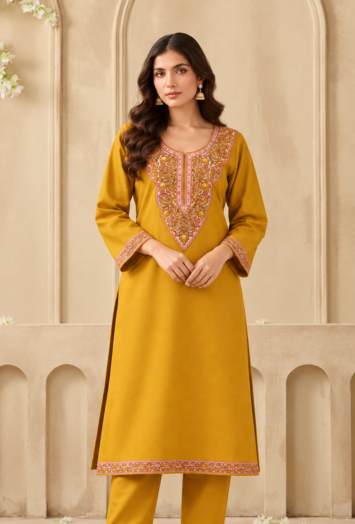 Mustard Yellow Cashmilon Kashmiri Embroidered Lace Phiran サイズ フリーサイズ