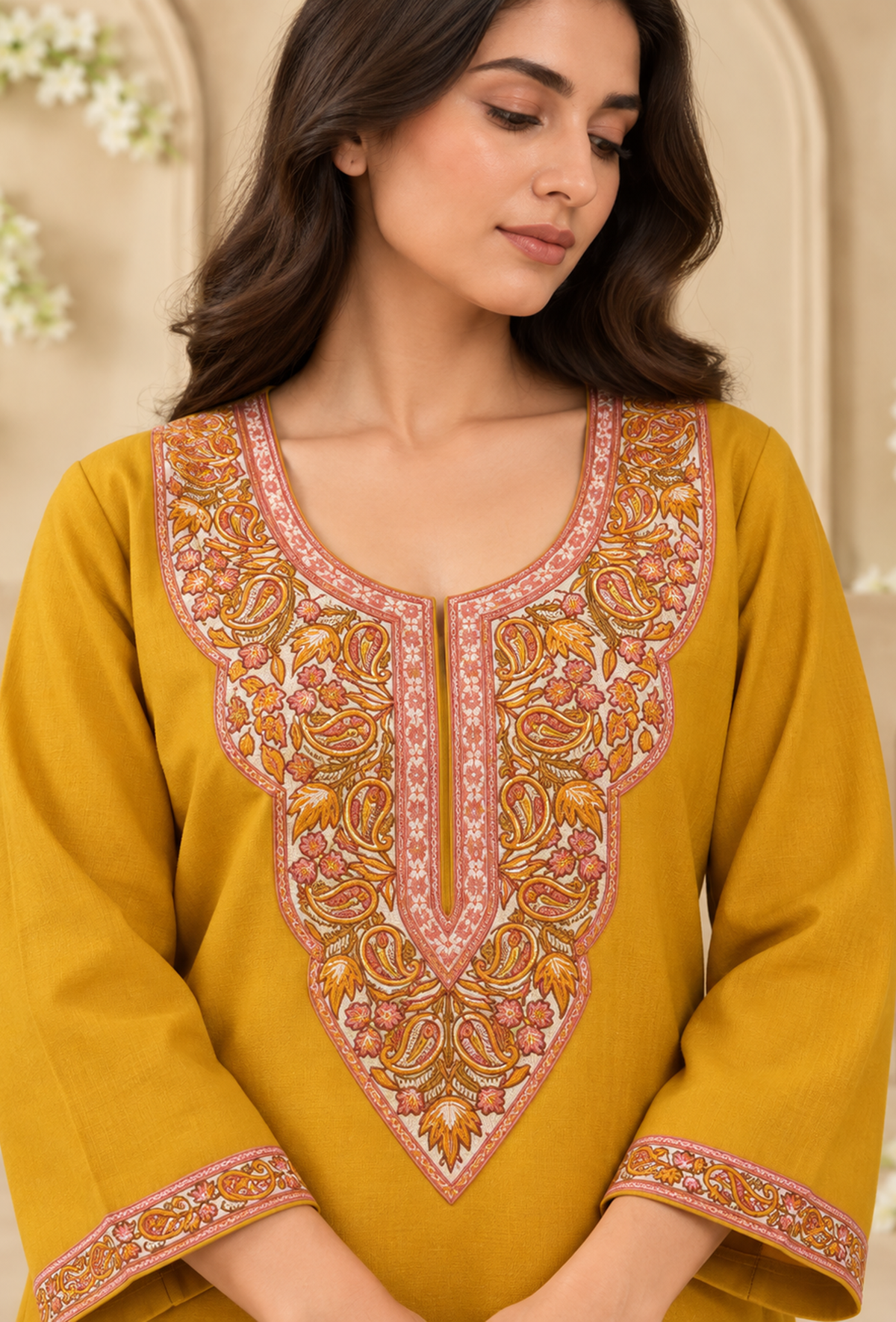 Mustard Yellow Cashmilon Kashmiri Embroidered Lace Phiran サイズ フリーサイズ