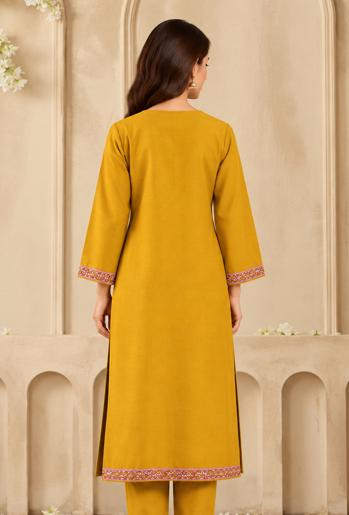 Mustard Yellow Cashmilon Kashmiri Embroidered Lace Phiran サイズ フリーサイズ