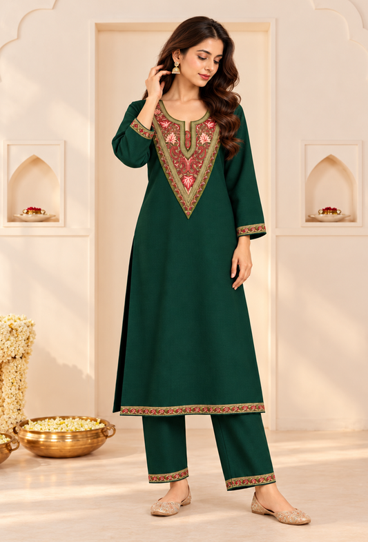 Set of 2: Kanak Green Cashmilon Kashmiri Embroidered Lace Phiran & Pant Set パンツ M