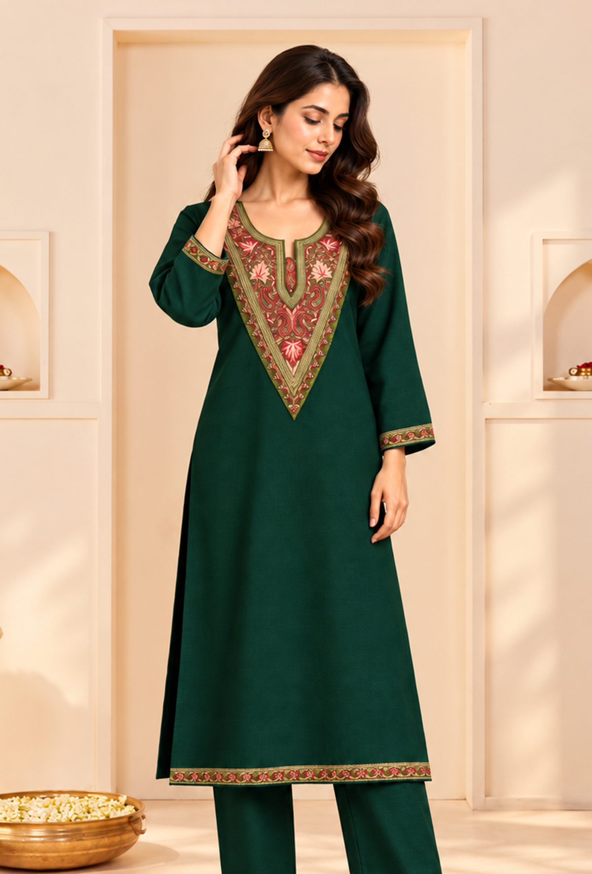 Kanak Emerald Cashmilon Kashmiri Embroidered Lace Phiran サイズ フリーサイズ