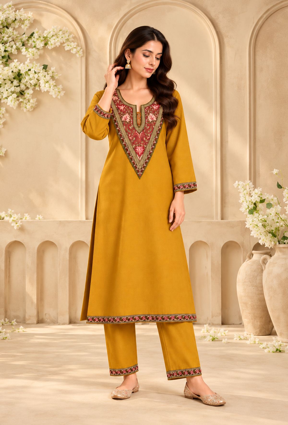 Set of 2: Sunehri Mustard Gold Cashmilon Kashmiri Embroidered Lace Phiran & Pant Set パンツ XXL