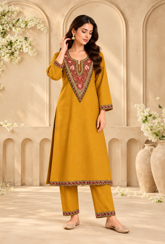 Set of 2: Sunehri Mustard Gold Cashmilon Kashmiri Embroidered Lace Phiran & Pant Set パンツ M