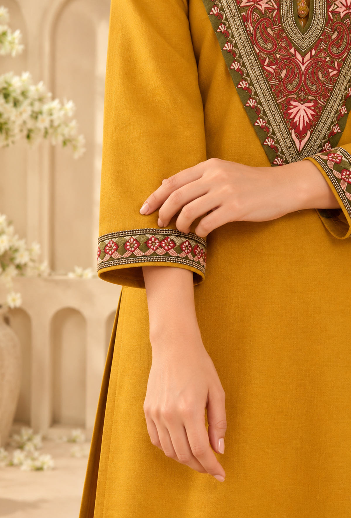 Set of 2: Sunehri Mustard Gold Cashmilon Kashmiri Embroidered Lace Phiran & Pant Set パンツ XXL