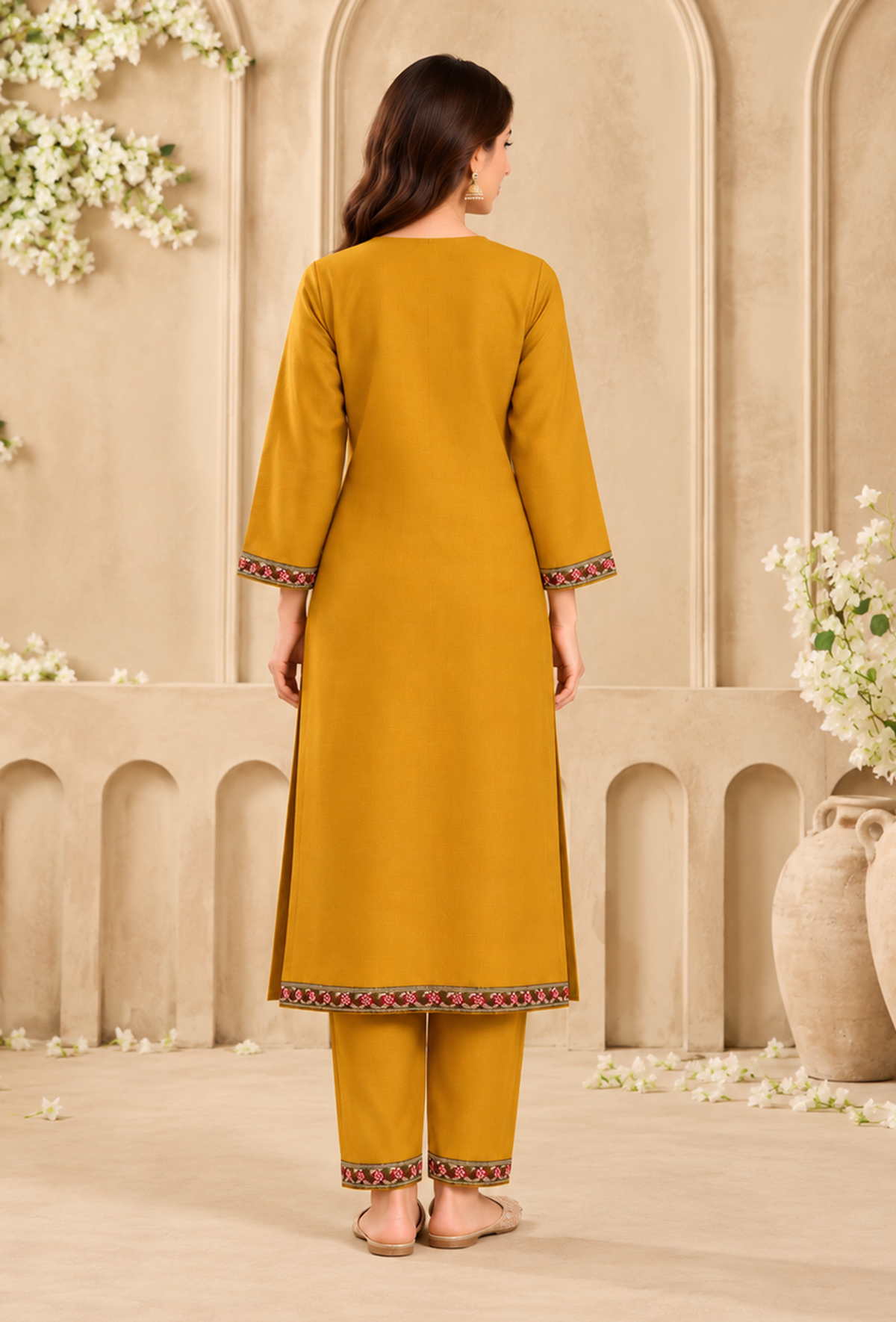 Set of 2: Sunehri Mustard Gold Cashmilon Kashmiri Embroidered Lace Phiran & Pant Set パンツ M