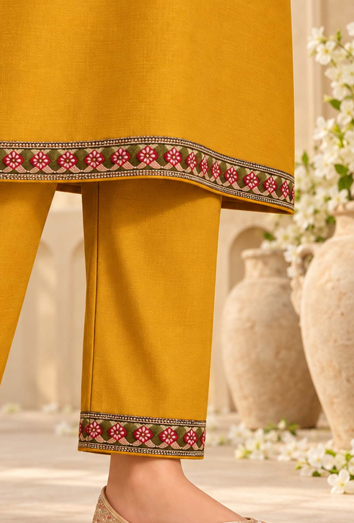 Set of 2: Sunehri Mustard Gold Cashmilon Kashmiri Embroidered Lace Phiran & Pant Set パンツ XXL