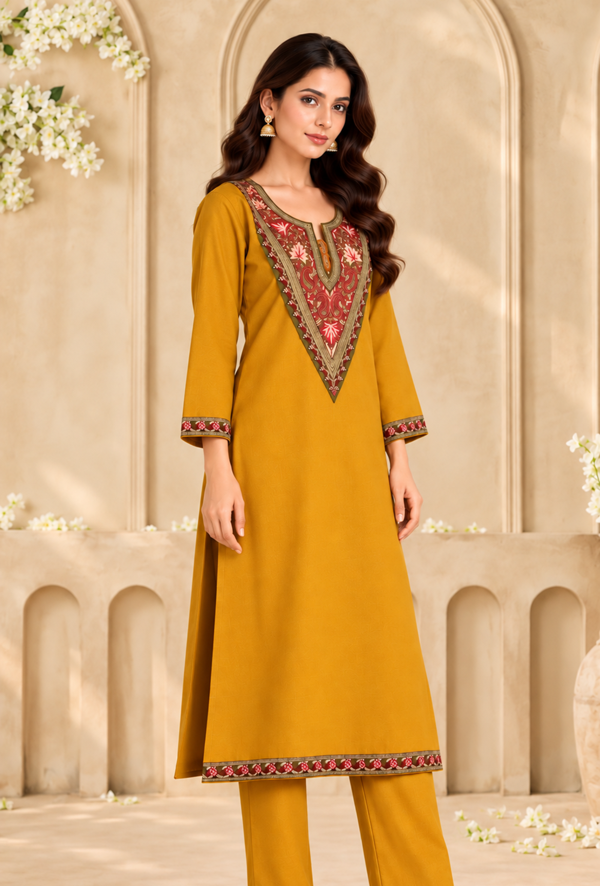 Sunehri Mustard Gold Cashmilon Kashmiri Embroidered Lace Phiran サイズ フリーサイズ