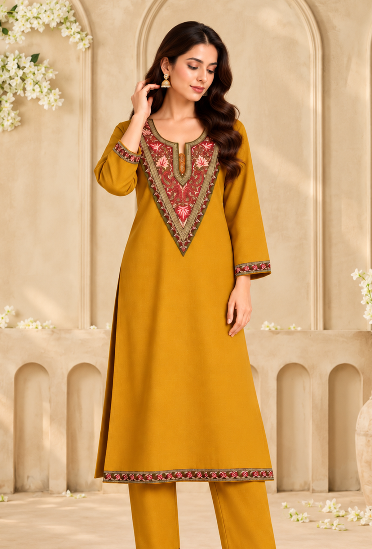 Sunehri Mustard Gold Cashmilon Kashmiri Embroidered Lace Phiran サイズ フリーサイズ