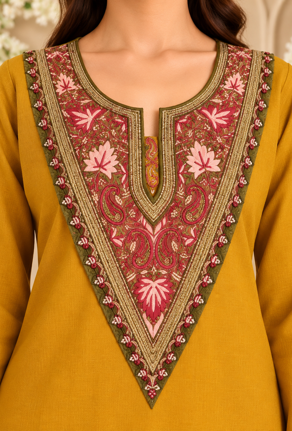 Sunehri Mustard Gold Cashmilon Kashmiri Embroidered Lace Phiran サイズ フリーサイズ