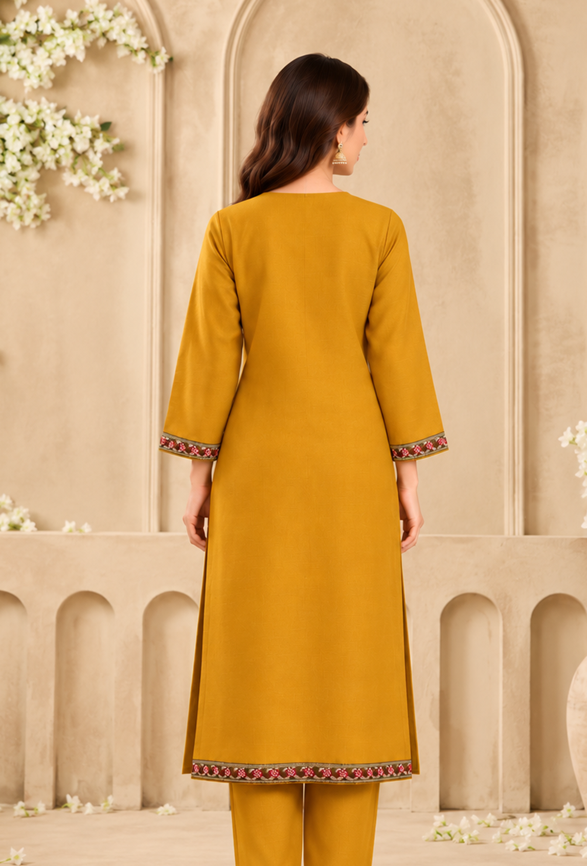 Sunehri Mustard Gold Cashmilon Kashmiri Embroidered Lace Phiran サイズ フリーサイズ