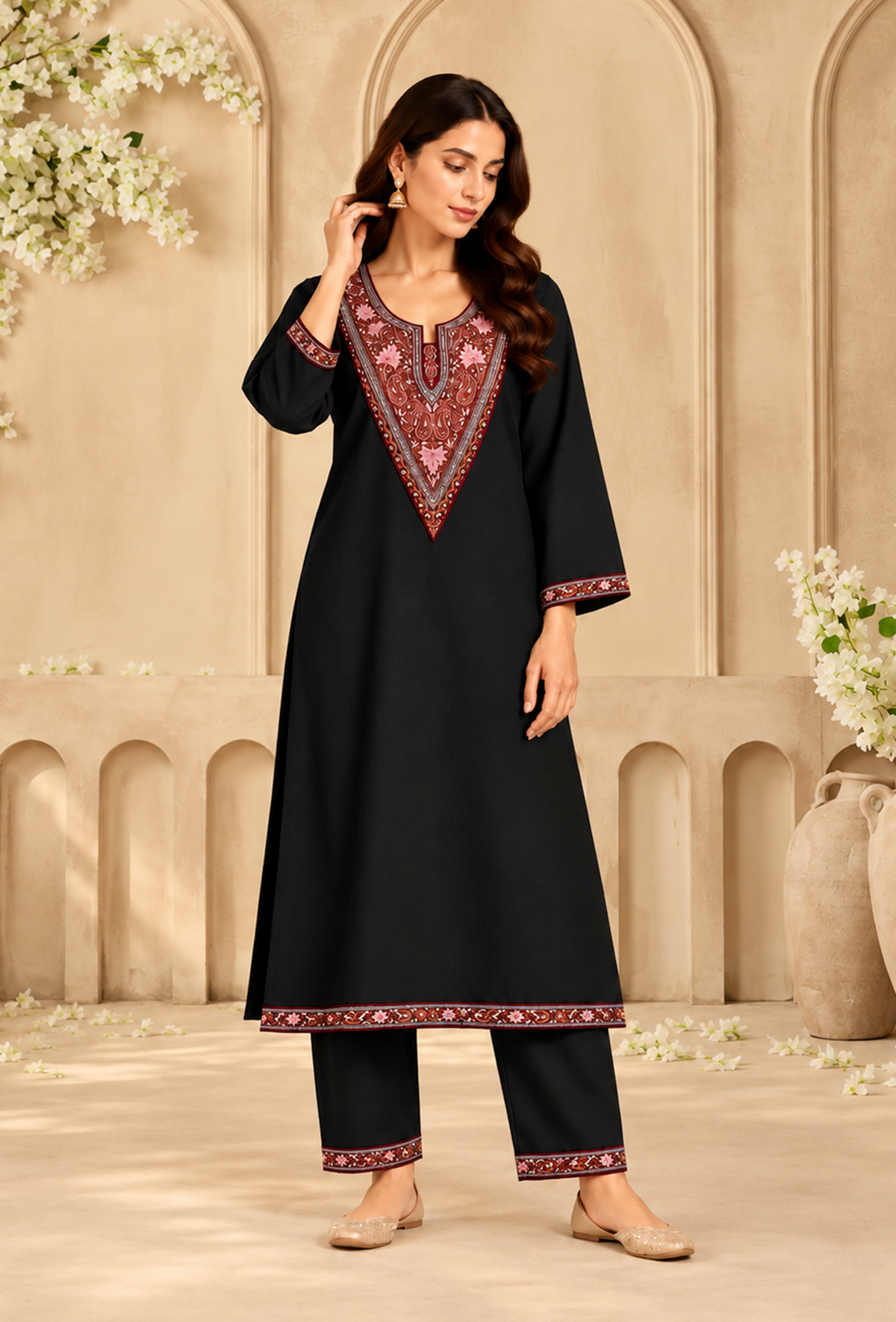 Set of 2: Midnight Black Cashmilon Kashmiri Embroidered Lace Phiran & Pant Set パンツ M