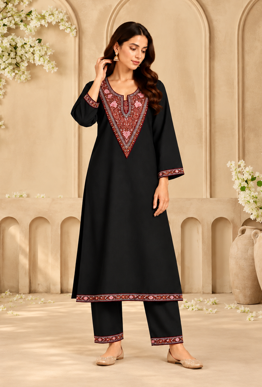 Set of 2: Midnight Black Cashmilon Kashmiri Embroidered Lace Phiran & Pant Set パンツ M