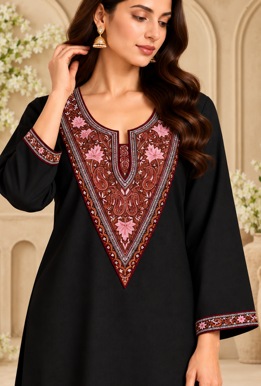 Set of 2: Midnight Black Cashmilon Kashmiri Embroidered Lace Phiran & Pant Set パンツ M
